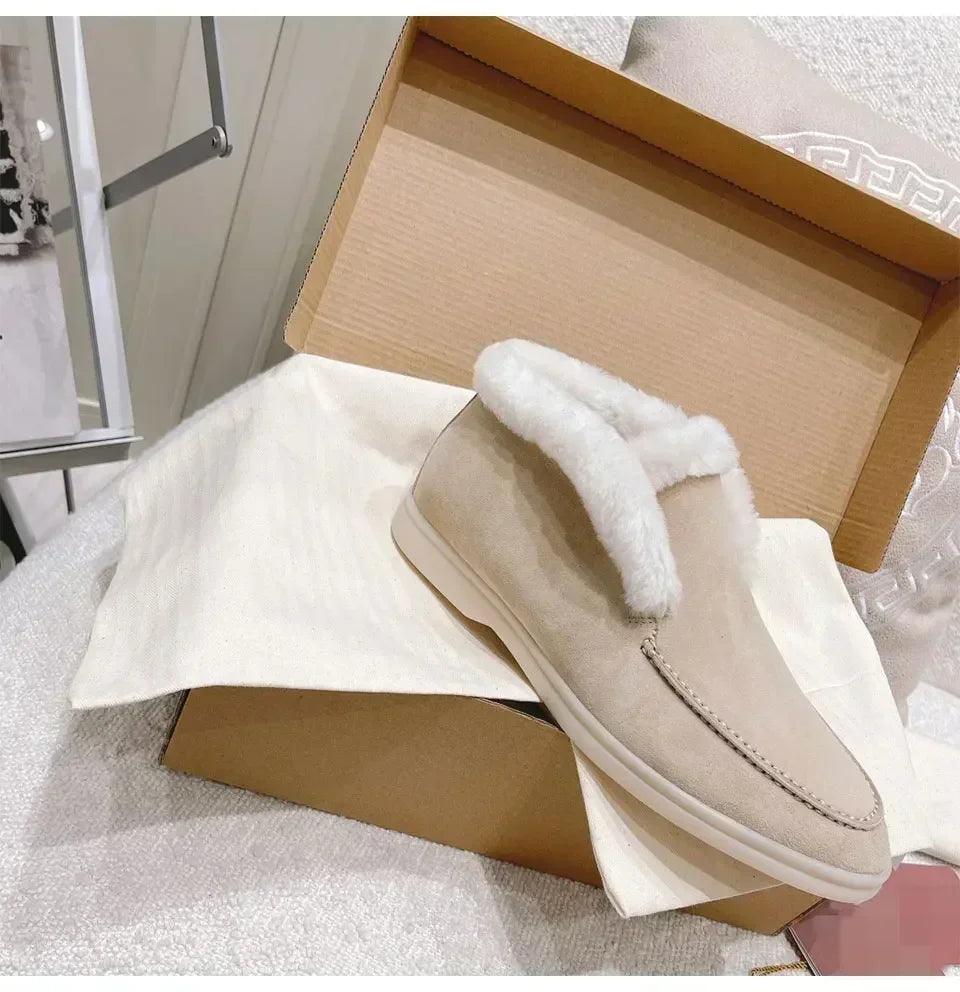 Fur ankle boots women’s cow suede loafers high quality 2025 winter flat shoes integrated warm snow