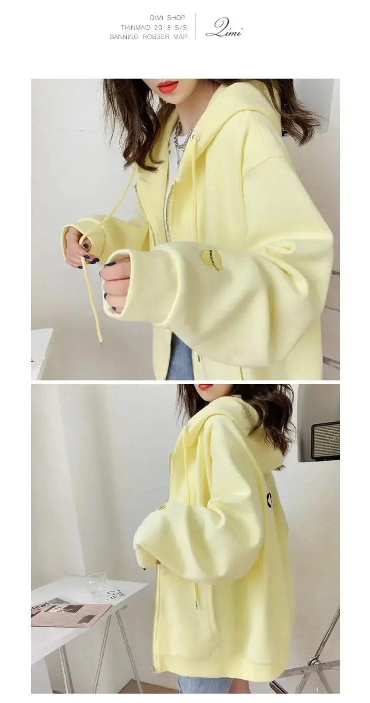 Casual Zip up Hooded Sweatshirt Candy Colour for Women Tops