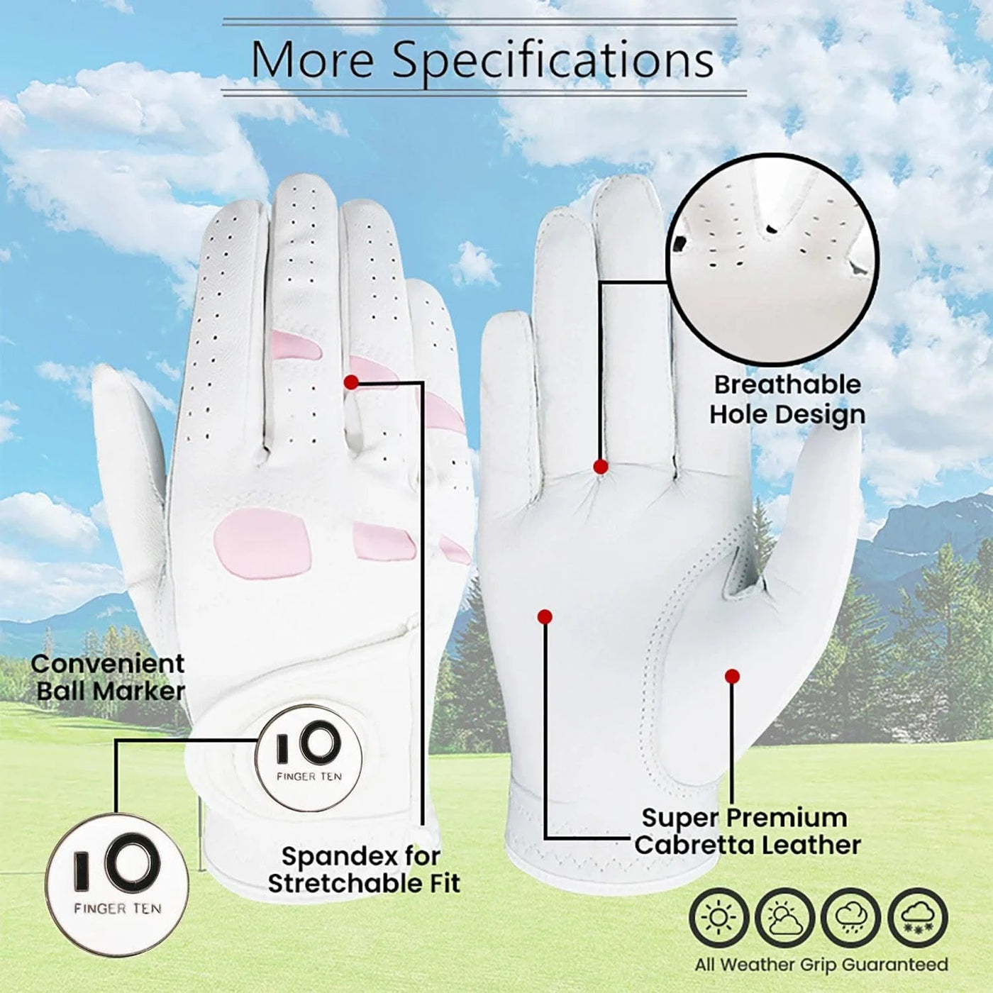 6 Pcs Rain Grip All Weather Womens Golf Gloves Ladies Left Hand Right Soft Cabretta Leather Glove with Ball Marker for Women