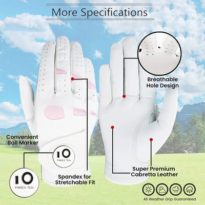 6 Pcs Rain Grip All Weather Womens Golf Gloves Ladies Left Hand Right Soft Cabretta Leather Glove with Ball Marker for Women