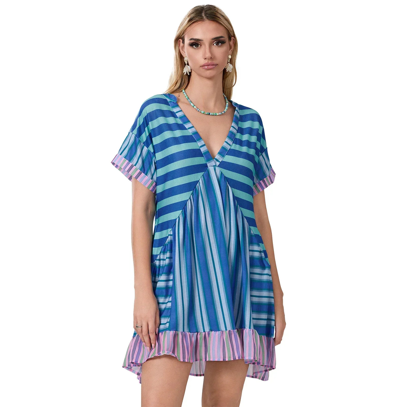 Women Summer Babydoll Dress Bohemian Holiday Vintage Floral Print Short Sleeve Deep V-Neck Flowy Dress with Pockets