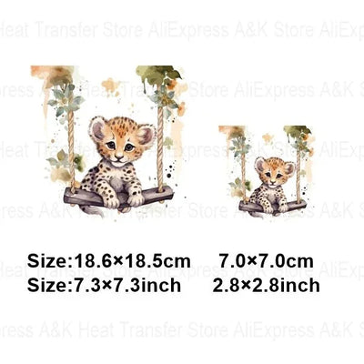 Baby Animal On Swings Heat Transfers For Kids Clothing Elephant Tigers Lion Stickers On Clothes Diy Thermal Patches Decals