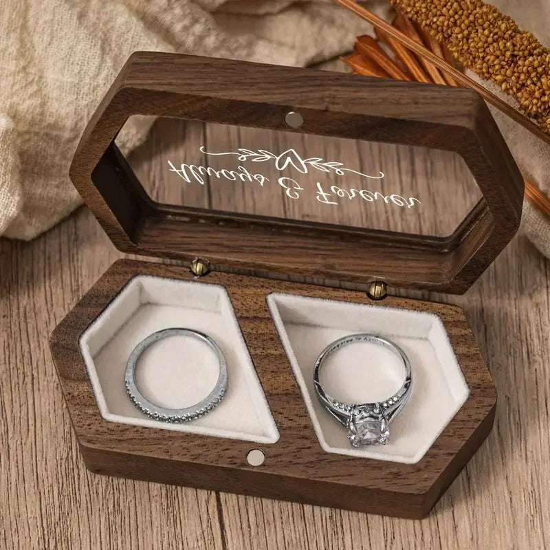 Engraved Wooden Ring Box, Double Slot, Perfect for Wedding, Proposal Rings, Romantic Gift for Wife, Jewelry, Always & Forever"