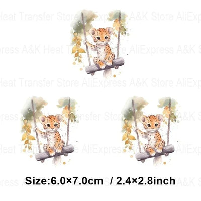 Baby Animal On Swings Heat Transfers For Kids Clothing Elephant Tigers Lion Stickers On Clothes Diy Thermal Patches Decals