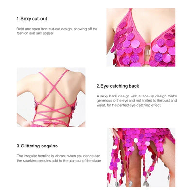 Women's Sexy Deep V Hollow Out Sequin Backless Sling Latin Dance Dress Ladies Charming Salsa Rumba Samba Tango Dancewear