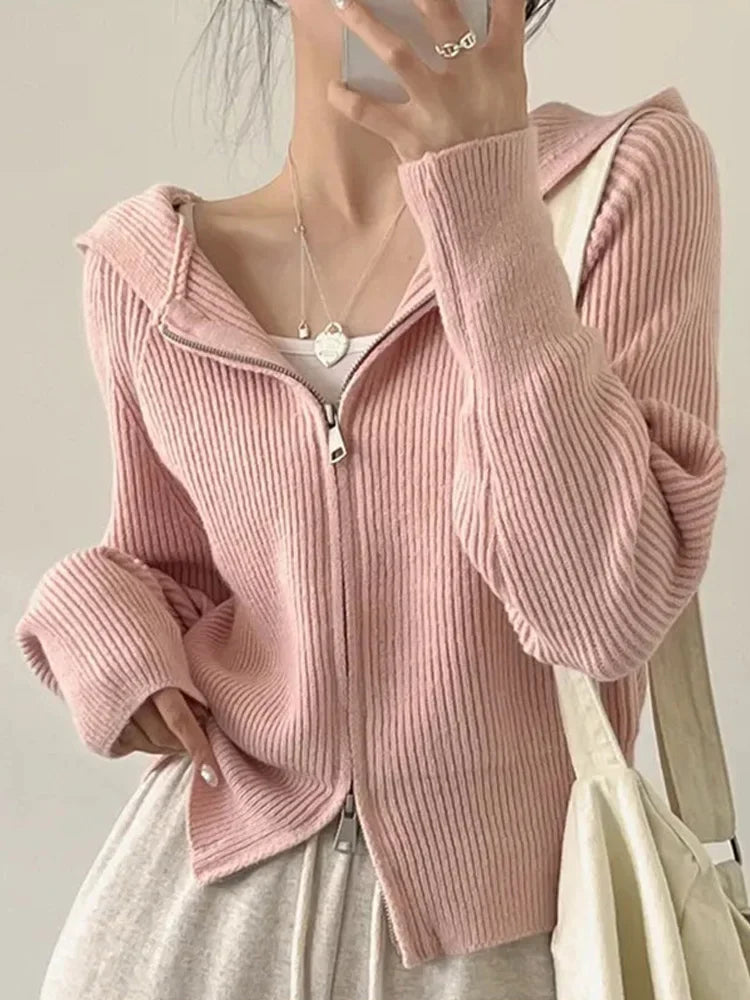 2025 New Casual Long Sleeve Hooded Sweaters Fashion Zipper Cardigan Women's Sweet Knitted Sweater Autumn Solid Sweater Coat