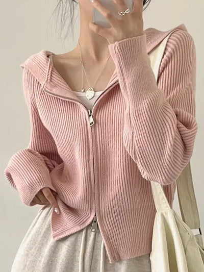 2025 New Casual Long Sleeve Hooded Sweaters Fashion Zipper Cardigan Women's Sweet Knitted Sweater Autumn Solid Sweater Coat