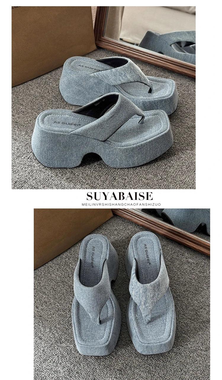 Women's Summer Outdoor Platform Sandals Flip Flops High Heel Thi Bot Clog oes Heightening Slippers Korean Sle PU Mat...