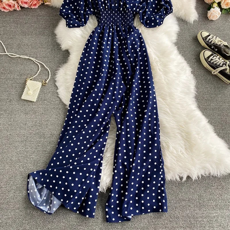 V Neck Sexy Dolman Sleeves Waist Slim Polka Dot Print Jumpsuit Women Wide Leg Trousers Jumpsuit