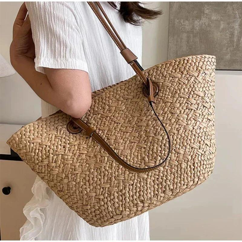 Designer bohemian chic shoulder bag,solid color large capacity straw woven tote bag,nature-inspired beach vacation