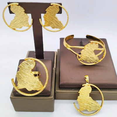 Gold Color Jewelry Sets for Women Bridal Luxury African Map Pendant Earrings Cuff Bangles Adjustable Ring Wedding Ornament Gifts