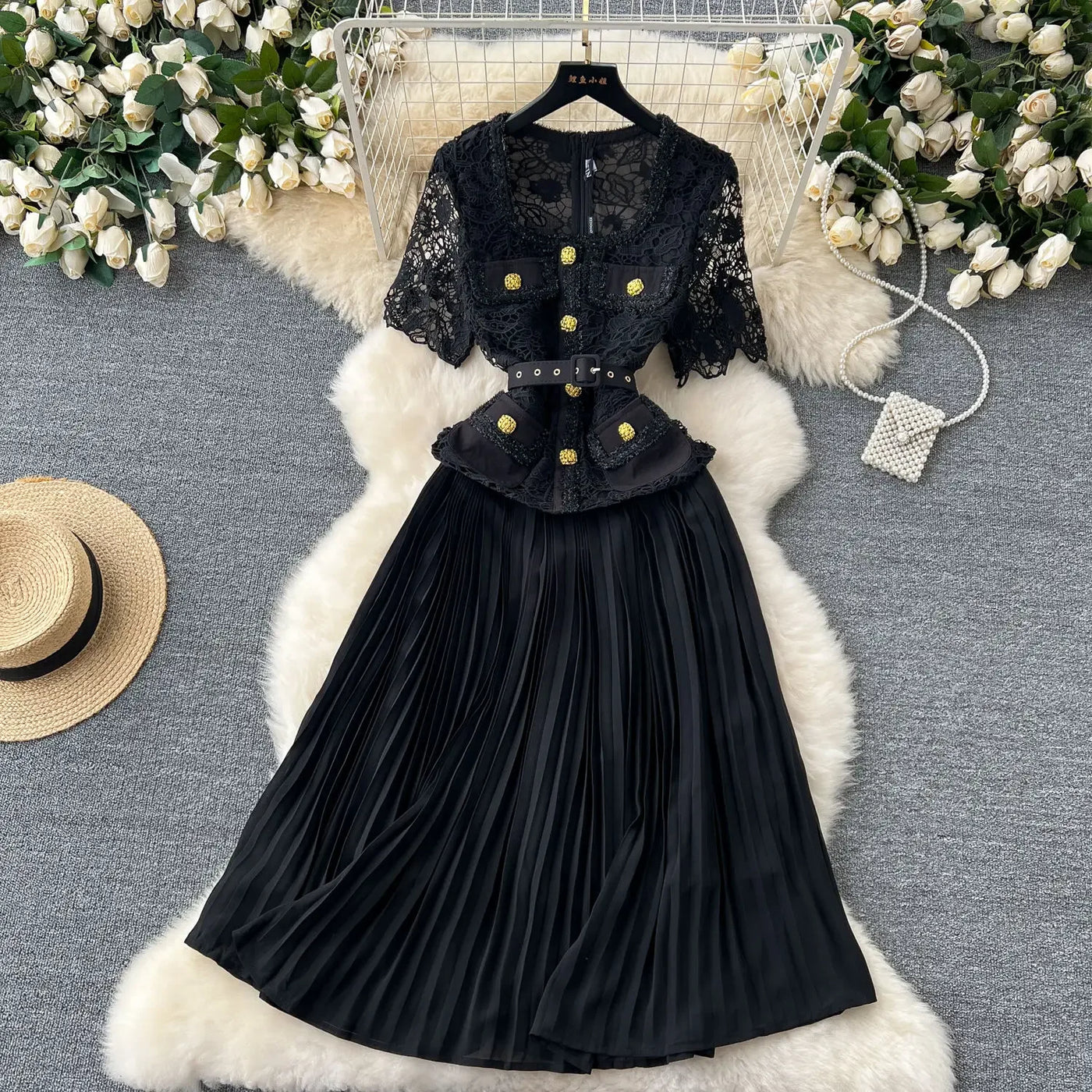 Designer 2025 Summer Pleated Chiffon Lace Long Dress Women Flower Embroidery Gold Button Belt Evening Party Dresses Wedding Robe