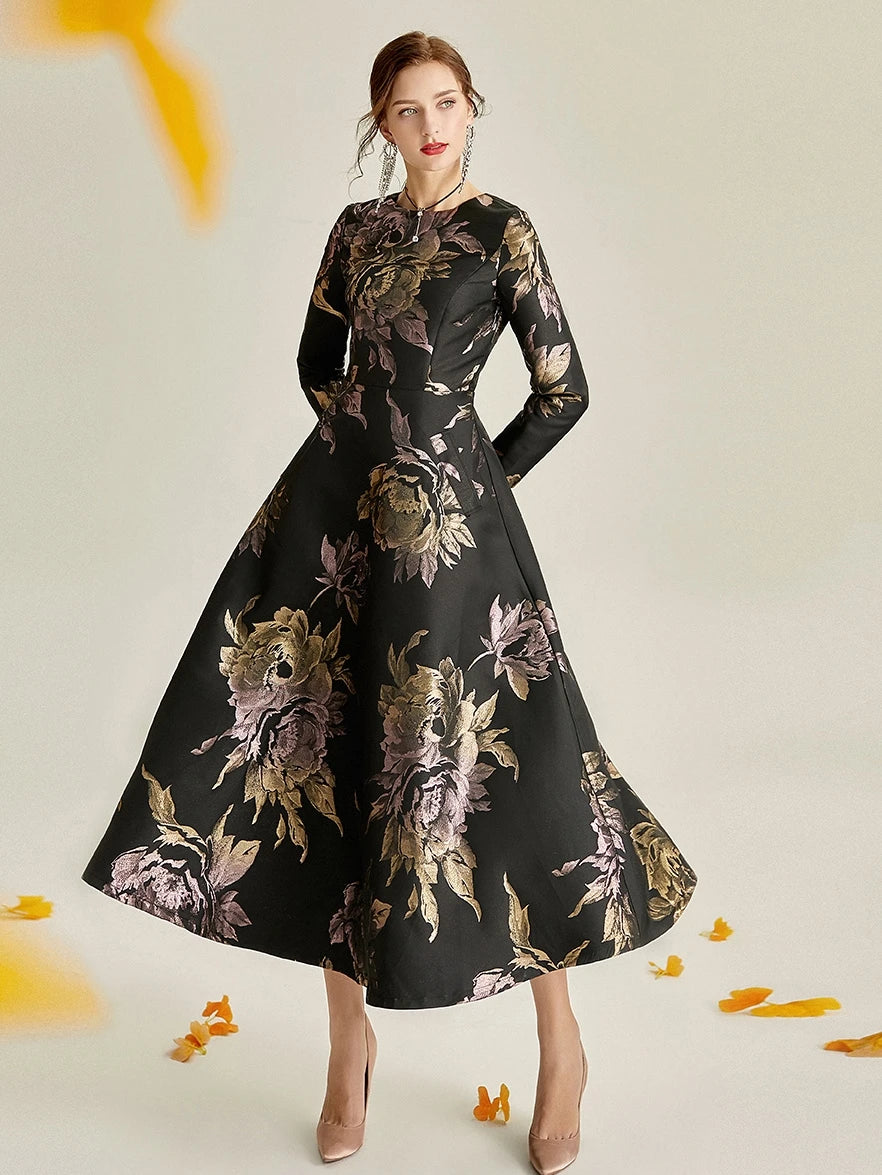Luxury Women Long Maxi Jacquard Dress Spring Autumn Boho Floral Fashion Clothing Ladies Party Evening Ball Gown