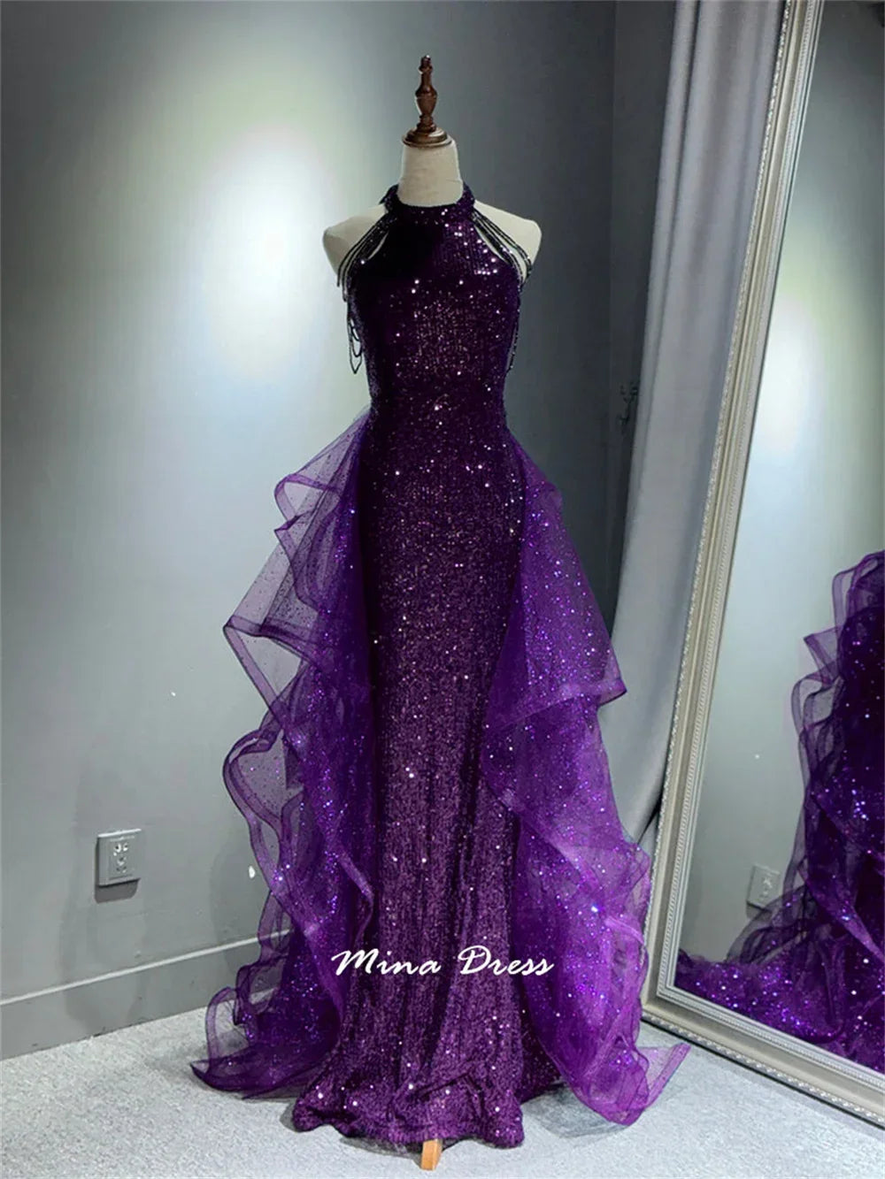 Mina Customized Evening Gown Sequins Chiffon Dress for Wedding Guests Wrinkles Elegant Women's Dresses for Party Formal Occasion