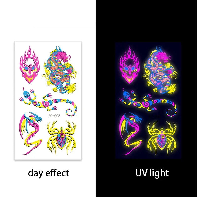Temporary Fluorescent Tattoos Flower Feather Animals Pattern Body Arm Leg Face Stickers Night Bar Party Music Festival