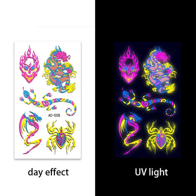 Temporary Fluorescent Tattoos Flower Feather Animals Pattern Body Arm Leg Face Stickers Night Bar Party Music Festival
