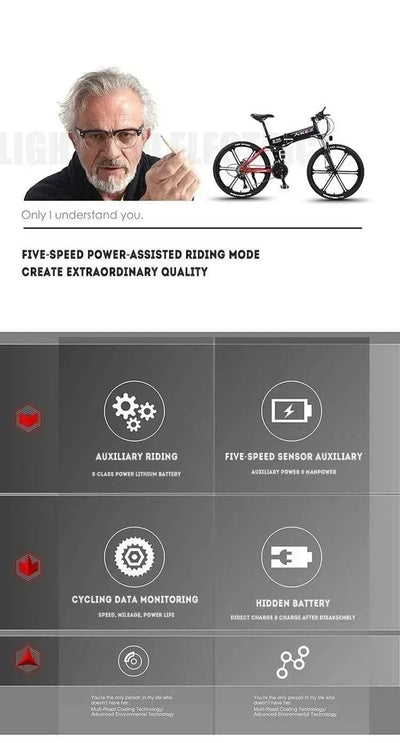 AKEZ Snow Electric Bicycle 350W Motor 10AH Battery 26-inch Thin Tire Urban Traffic E-Bike 30KM/H Folding Mountain Electric Bike