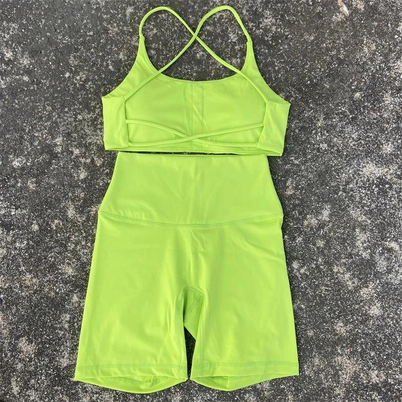 2 Piece Gym Sports Set Women Yoga Shorts Set Workout Outfit Fitness Suit Cross Straps Bra High Waist Shorts Running Tracksuit