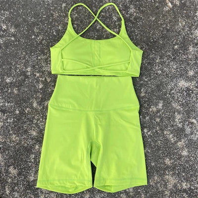 2 Piece Gym Sports Set Women Yoga Shorts Set Workout Outfit Fitness Suit Cross Straps Bra High Waist Shorts Running Tracksuit