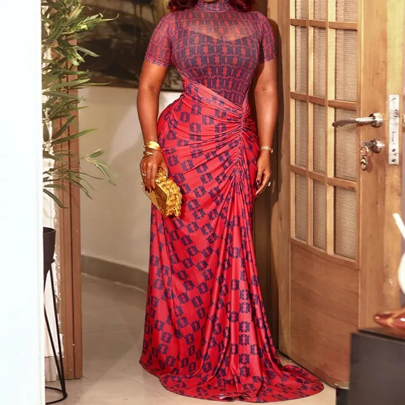 Women Turtleneck Elegant Short Sleeve Maxi Dress Outfits Casual Fashion Bodycon Sheer Pleated Long Dresses Vestido