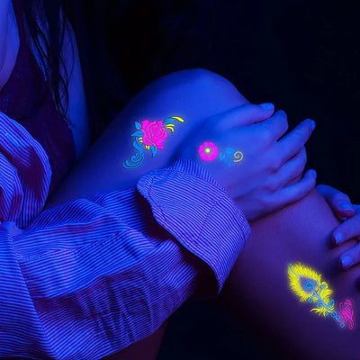 Temporary Fluorescent Tattoos Flower Feather Animals Pattern Body Arm Leg Face Stickers Night Bar Party Music Festival