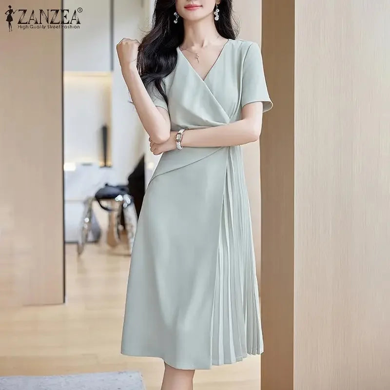 Summer Women Elegant OL Work Sundress V Nek Party Dress 2024 ZANZEA Fashion Short Sleeve Robe Femme Solid Pleated Midi Vestidos