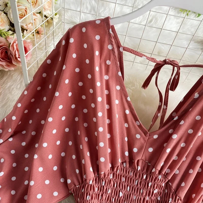 V Neck Sexy Dolman Sleeves Waist Slim Polka Dot Print Jumpsuit Women Wide Leg Trousers Jumpsuit