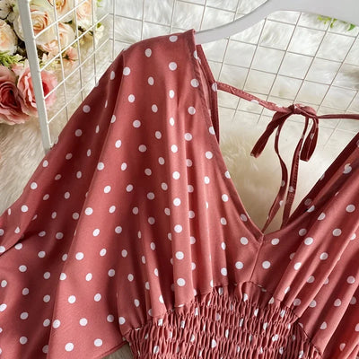 V Neck Sexy Dolman Sleeves Waist Slim Polka Dot Print Jumpsuit Women Wide Leg Trousers Jumpsuit