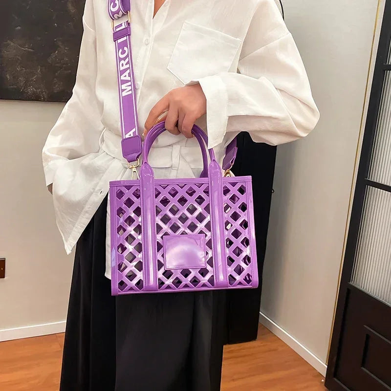 Designer Tote Bag For Women Brand Hollow Out Shoulder Bag 2025 New Travel Beach Handbag Purple Bag Fashion Shopper Purse