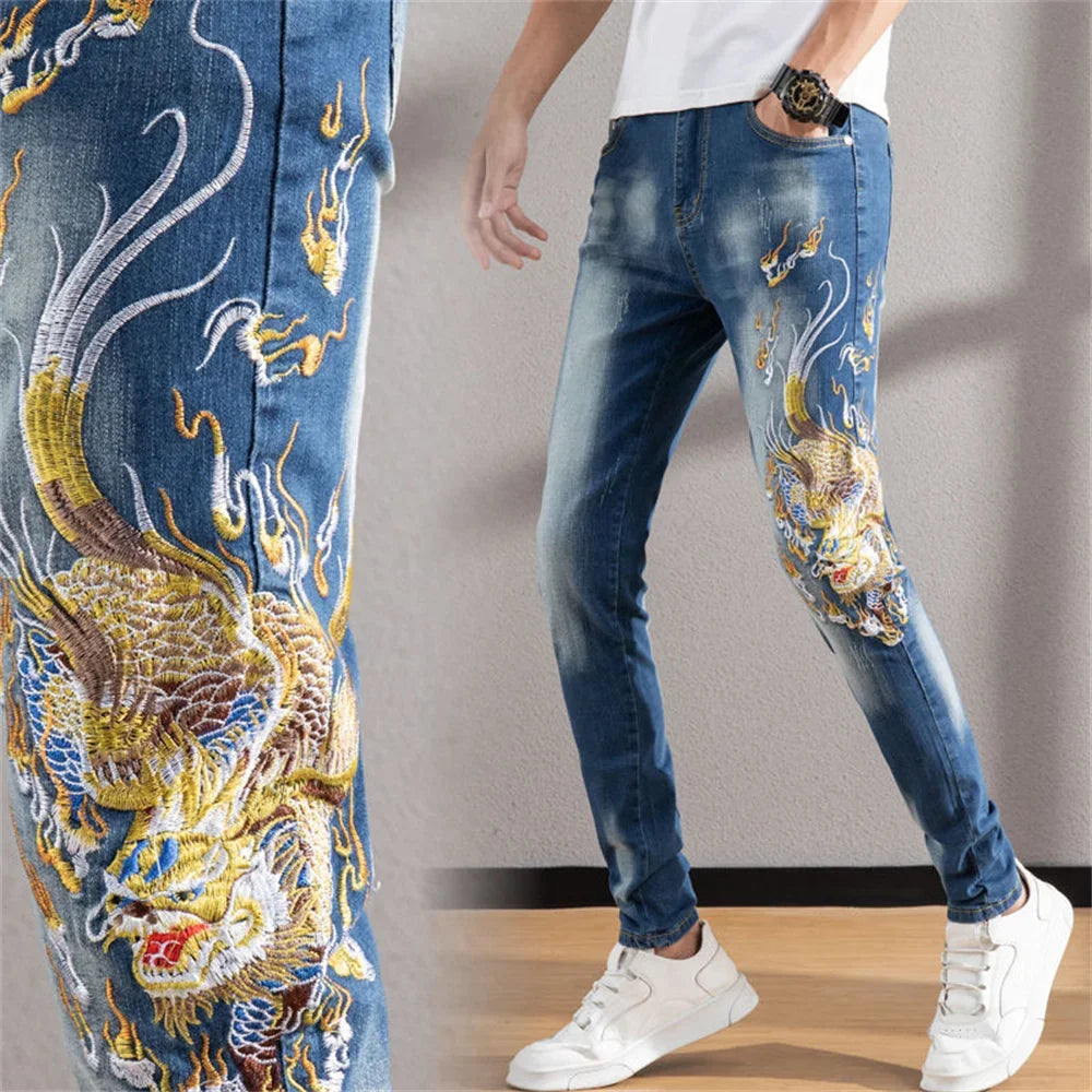 Men's Chinese Dragon Embroidery Jeans Fashion Kylin Embroidered Slim Pencil Pants Stretch Denim Trousers jeans for men pants