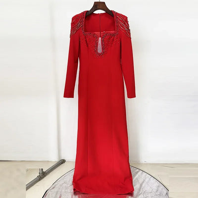 HIGH QUALITY Newest 2025 Designer Women's Slim Diamonds Beaded Long Sleeve Maxi Long Evening Dress