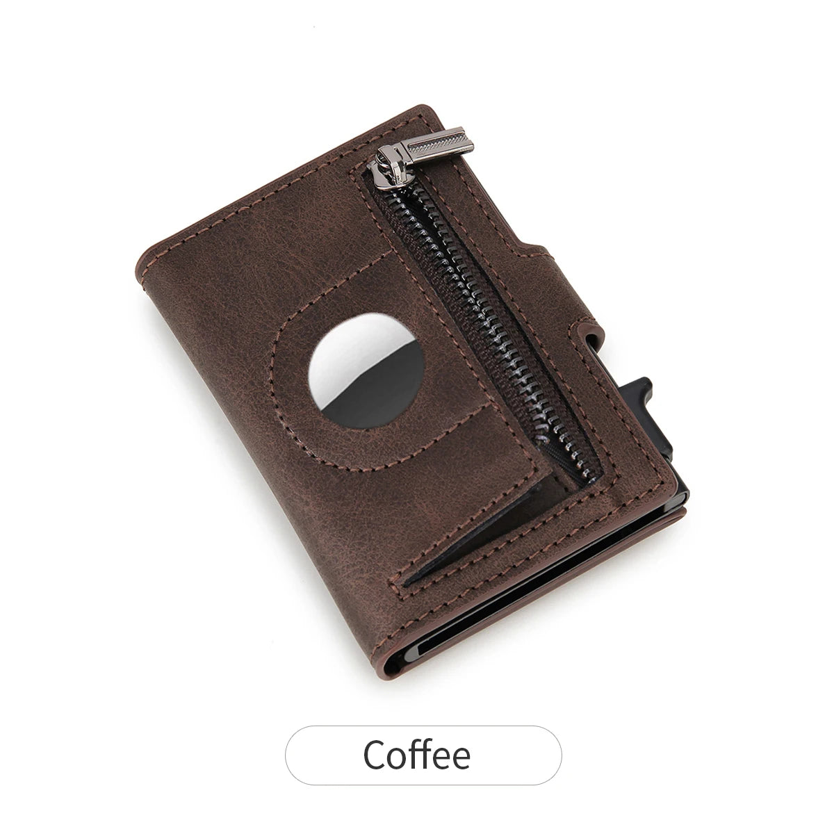 Coffee-colored RFID anti-theft credit card holder wallet with AirTag cutout