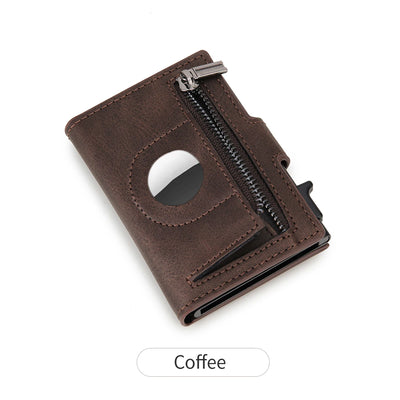 Coffee-colored RFID anti-theft credit card holder wallet with AirTag cutout