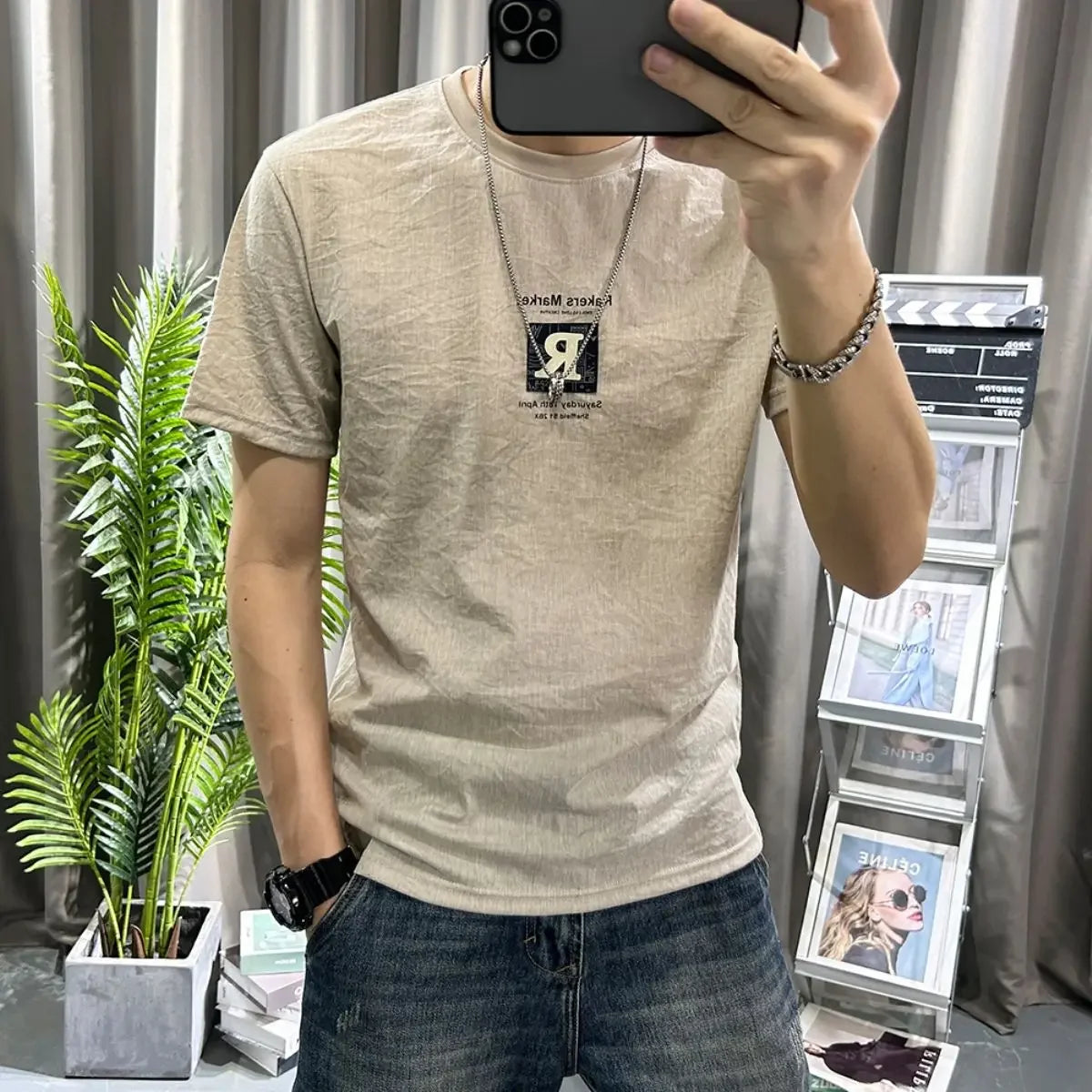 Top Print Linen T Shirt for Men Alphabet Man Tee Shirts Skinny Slim Fit Black Ordinary Basic Fashion Vintage Clothing 5xl Cool S