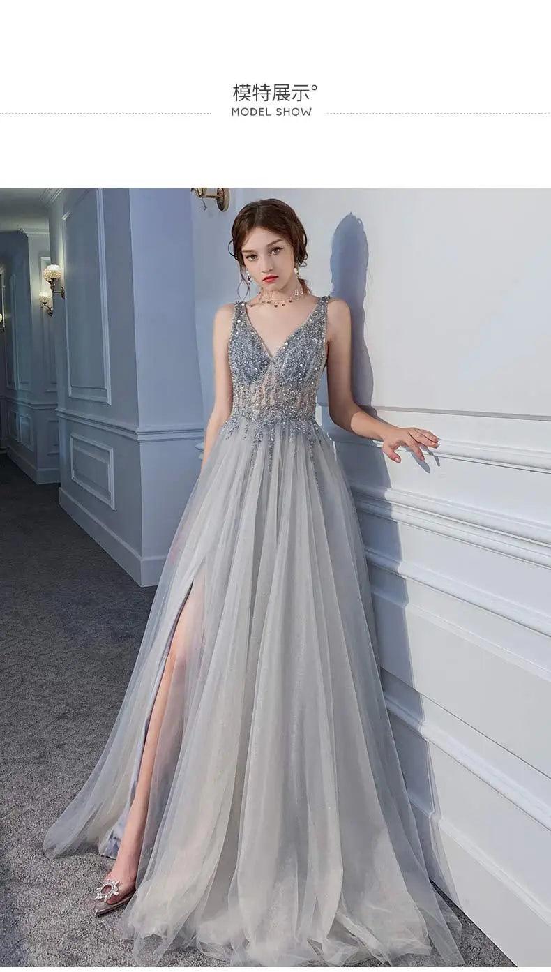 Women’s evening dresses sexy v-neck luxury formal party gown backless beads sequins tulle side split banquet dress