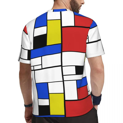 Gym T Shirt For Men Mondrian Line T-Shirts Trendy Cool Colorful Plaid Summer Tees O Neck Y2K Retro Graphic Clothing Gift Idea