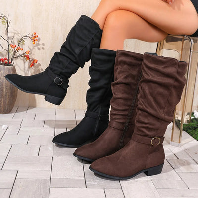 Women Knee High Boots Autumn Winter Female Shoes Fashion Female Slip-on Folds Low Heel Pointed Toe Long Boots Botas De Mujer 983