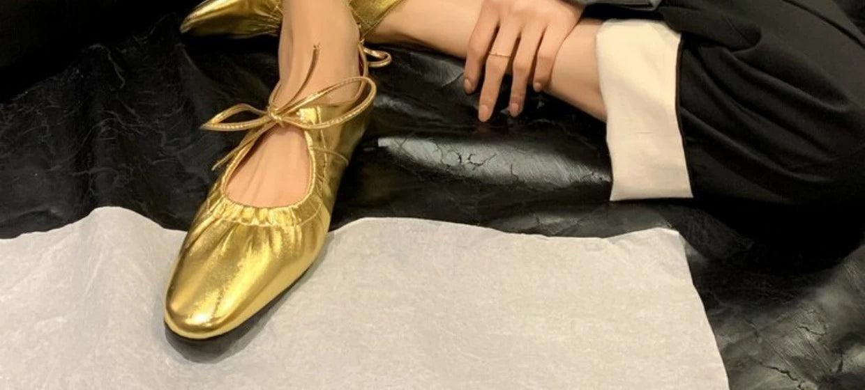 Women ballet leather narrow band flat shoes bling silver gold footwear