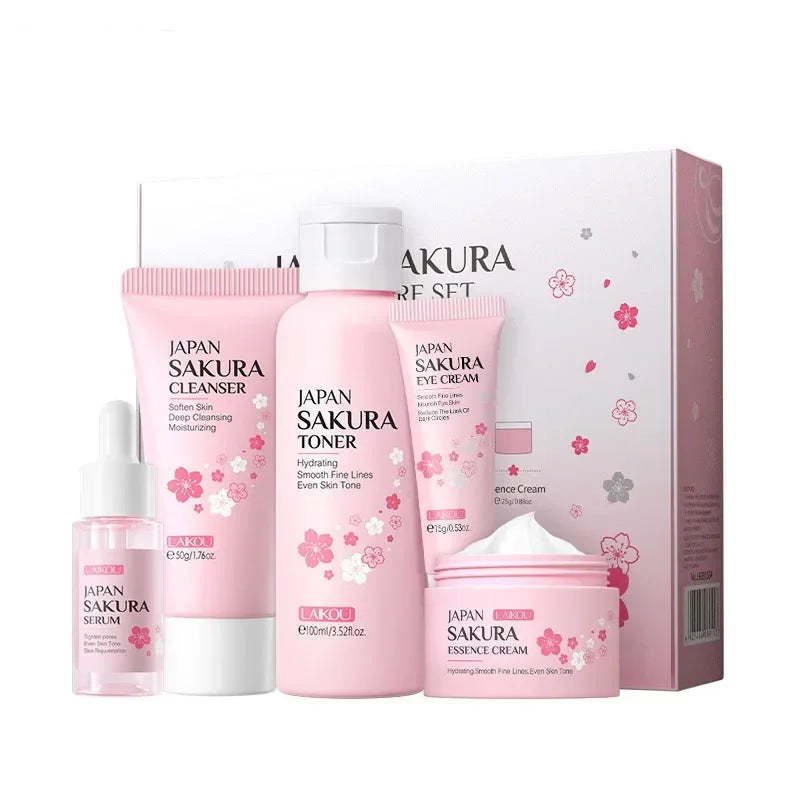 5pcs/set Sakura Skin Care Sets Face Cream Serum Toner Facial Cleanser Sunscreen Eye Cream Face Skin Care Products