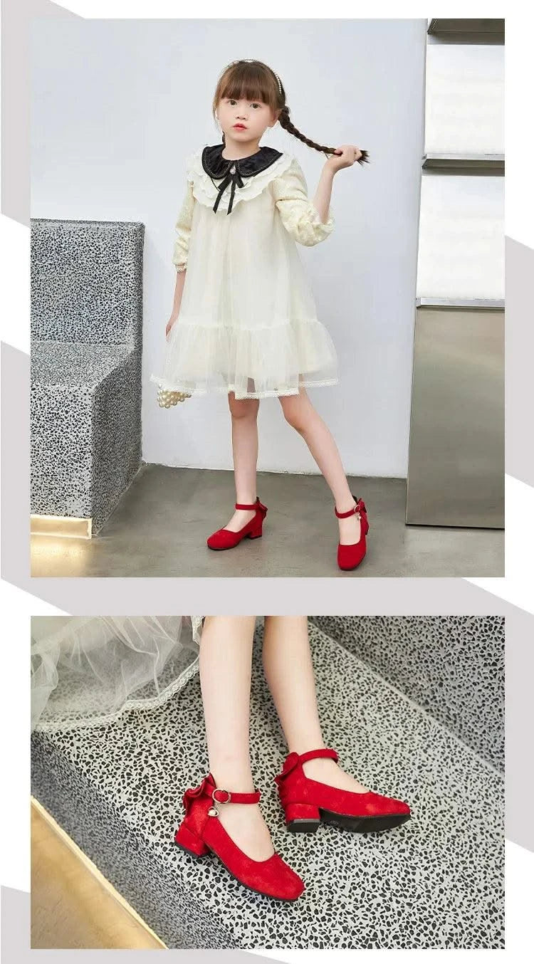 Kids Velvet Black, Pink, Red Leather High Heeled Shoes 3-15T | Girl's Princess Shoes For Party, Wedding, Dance | Children's Fashion