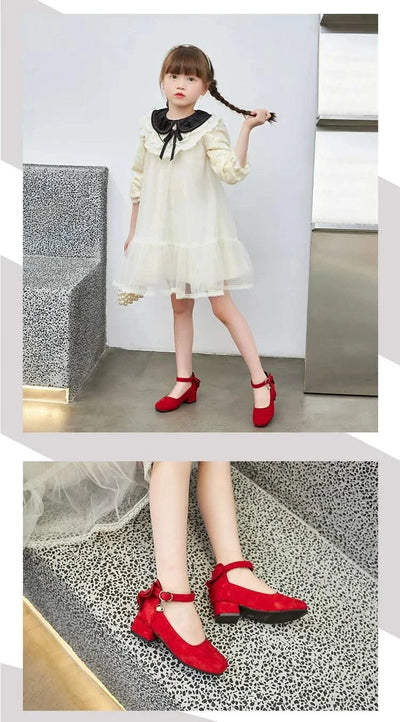 Kids Velvet Black, Pink, Red Leather High Heeled Shoes 3-15T | Girl's Princess Shoes For Party, Wedding, Dance | Children's Fashion