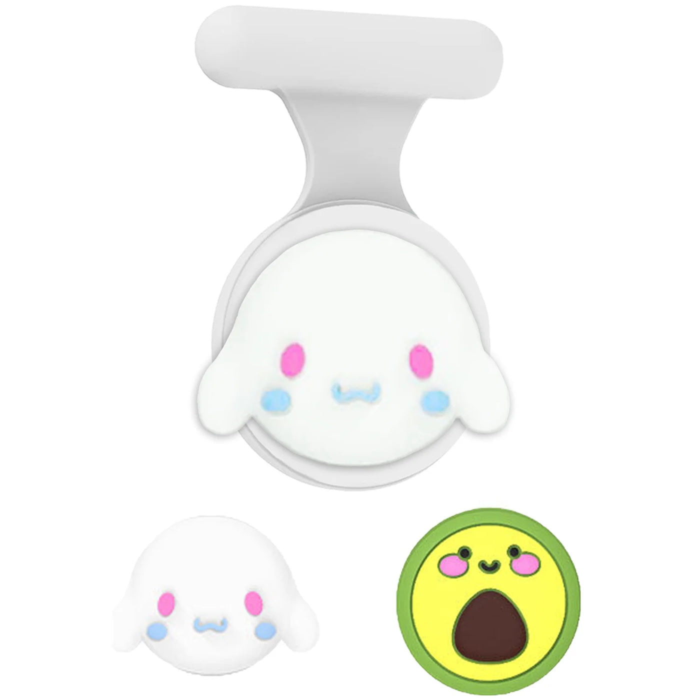 White ghost silicone phone case with pink blue accents and AirTag holder