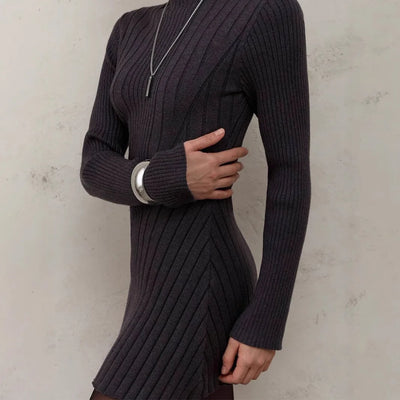 Knitting Dress Women's 2025 Spring Knitted Dress Long Sleeve Semi-High Neck A Line Skirt Elegant Knitwear Sweater Dress Women