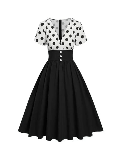 Polka Dot Women Summer Dresses Hepburn Style V-Neck Short Sleeve Vintage Print Patchwork Party Dress Casual A-Line
