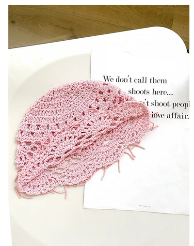 Personalized Beaded Fringed Knitted Beanies for Women Summer Autumn Thin Hollow Versatile Casual Retro Ethnic Style Pullover Hat
