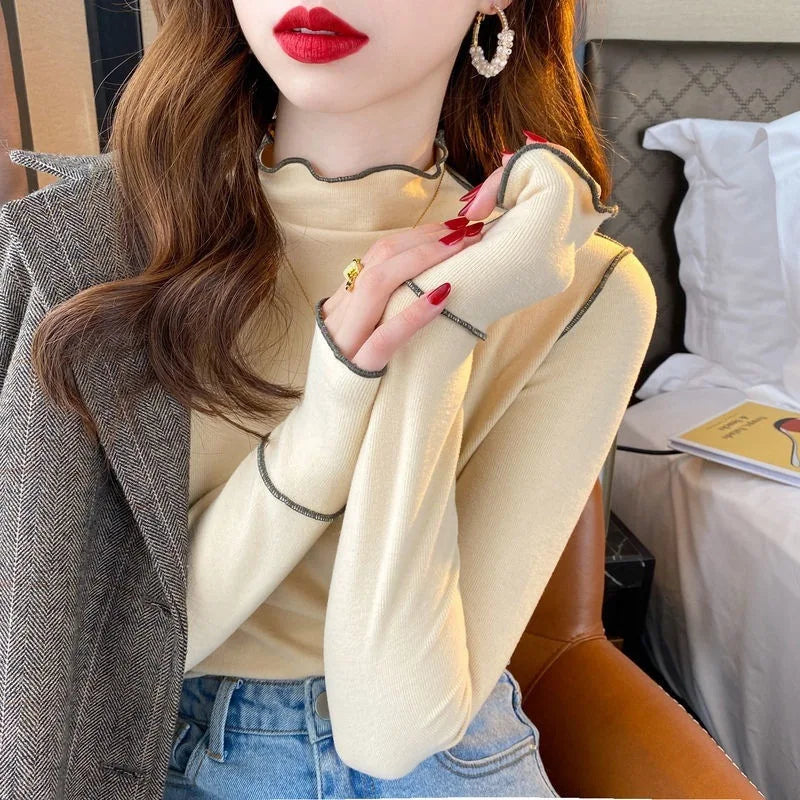 Double-Sided Cashmere Base Layer Women's Warm Half-High Collar Ruffle Long Sleeve T-Shirt Top