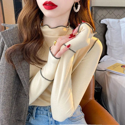 Double-Sided Cashmere Base Layer Women's Warm Half-High Collar Ruffle Long Sleeve T-Shirt Top
