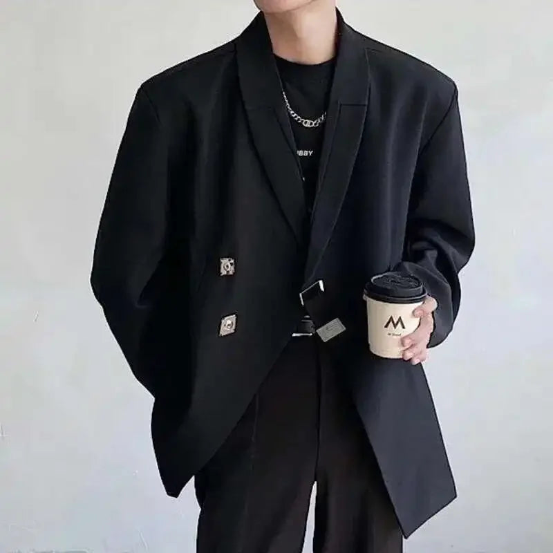 IEFB Metal Button Design Men's Blazers Shawl Collar Oblique Placket Design Casual Clothing Solid Color Male Suit Jackets 9W957
