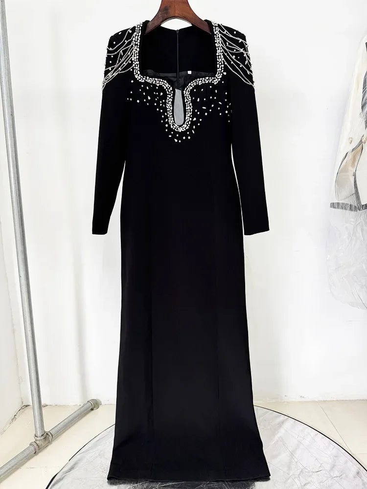 HIGH QUALITY Newest 2025 Designer Women's Slim Diamonds Beaded Long Sleeve Maxi Long Evening Dress