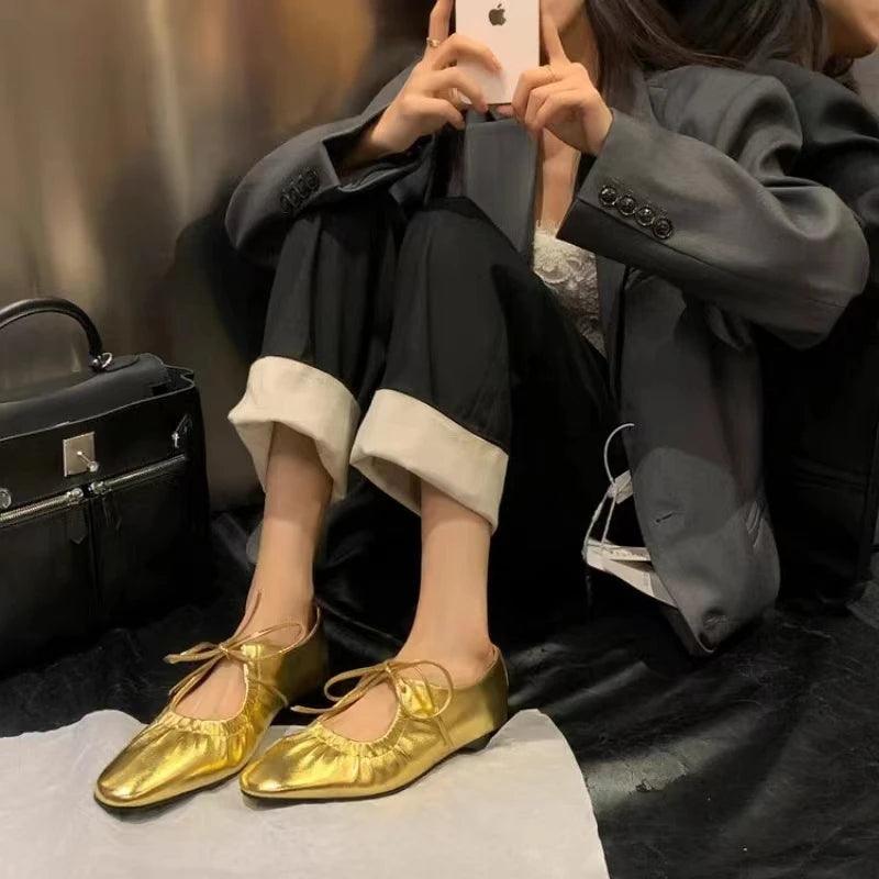 Women ballet leather narrow band flat shoes bling silver gold footwear